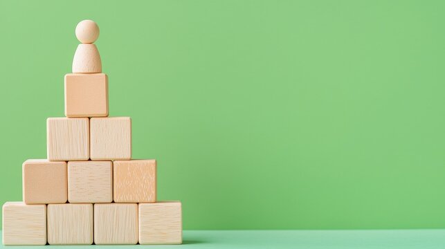 A wooden figure stands atop a pyramid of blocks against a green background, symbolizing achievement and foundational growth.