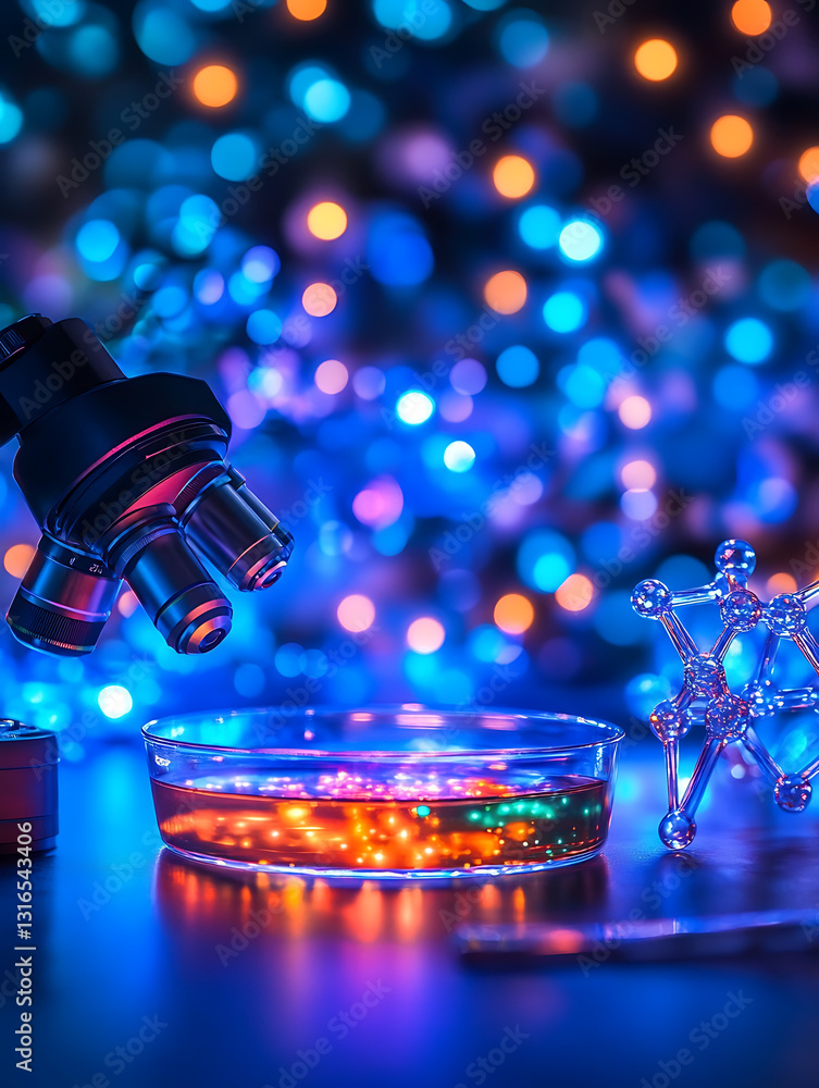 Poster a close-up of a petri dish containing a glowing liquid vaccine solution viewed under a powerful micr