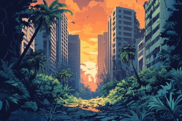 Post apocalyptic city overgrown with lush tropical vegetation at sunset