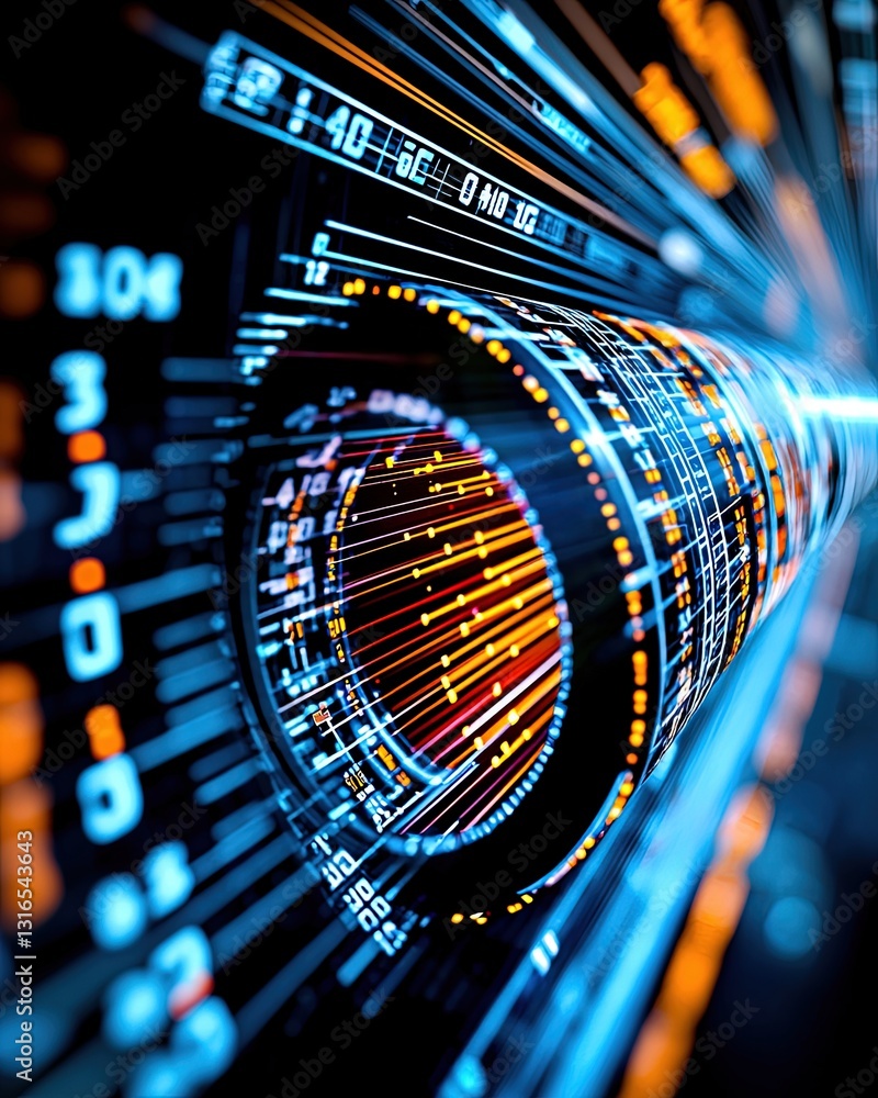 Poster futuristic abstract digital technology visualization with glowing circles and lines in a colorful an