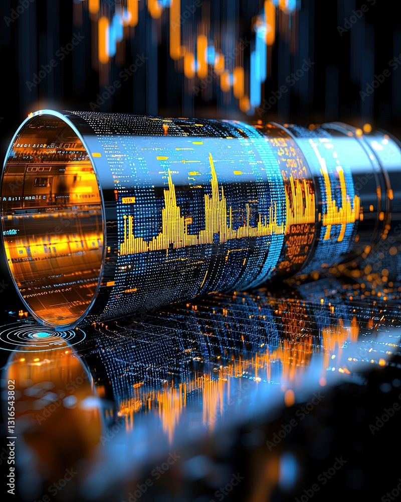 Poster futuristic data visualization with abstract charts and vibrant colors reflecting on a sleek surface 