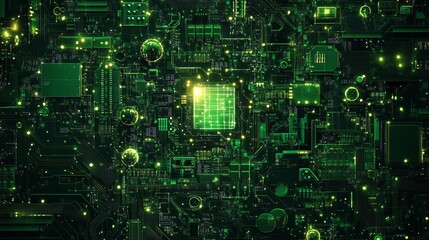 Fototapeta premium Abstract Green Circuit Board Technology Background Digital Art Futuristic Electronic Design HighTech Innovation Modern Microchip Network Pattern 