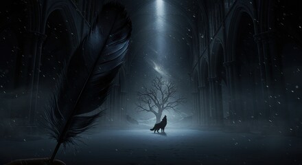 Wolf Howling Under Moonlight in Gothic Hall with Feather Quill