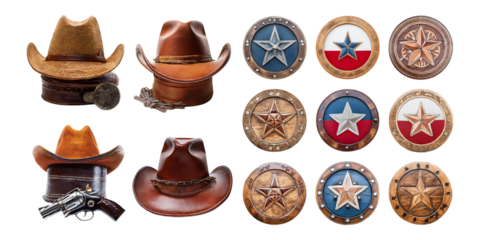 Vintage Cowboy Hats and Rustic Shields Collection, PNG collection, set bundle, isolate on transparent or white background