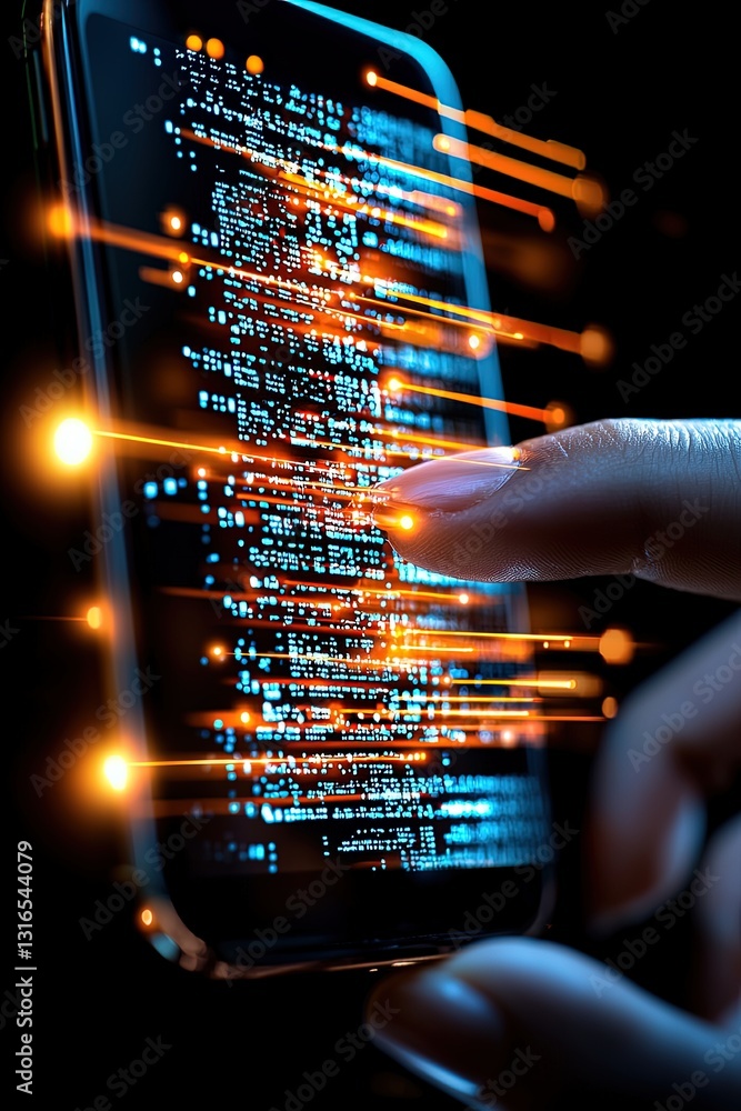 Poster close-up of a person's finger touching a smartphone screen with glowing data streams and digital cod