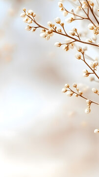 Fototapeta Delicate golden-edged white blossoms on a thin branch against a soft neutral background. Perfect for luxury branding, nature photography, and artistic compositions. Selective focus