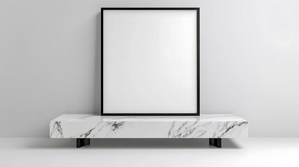 Clean Minimalist 3D Render: Black Framed Canvas on Marble Shelf AI Generated