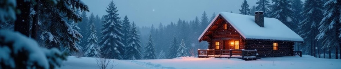 Snowflakes gently falling on the cabin's roof and chimney, forest, serene, quiet