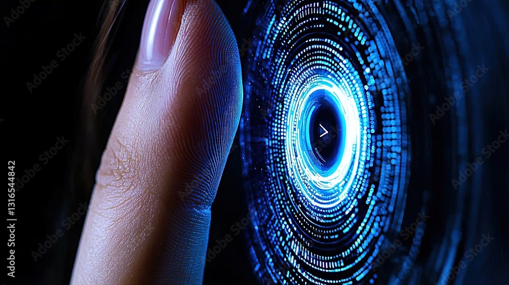Poster futuristic touch interface concept featuring finger hovering above glowing circular data portal with