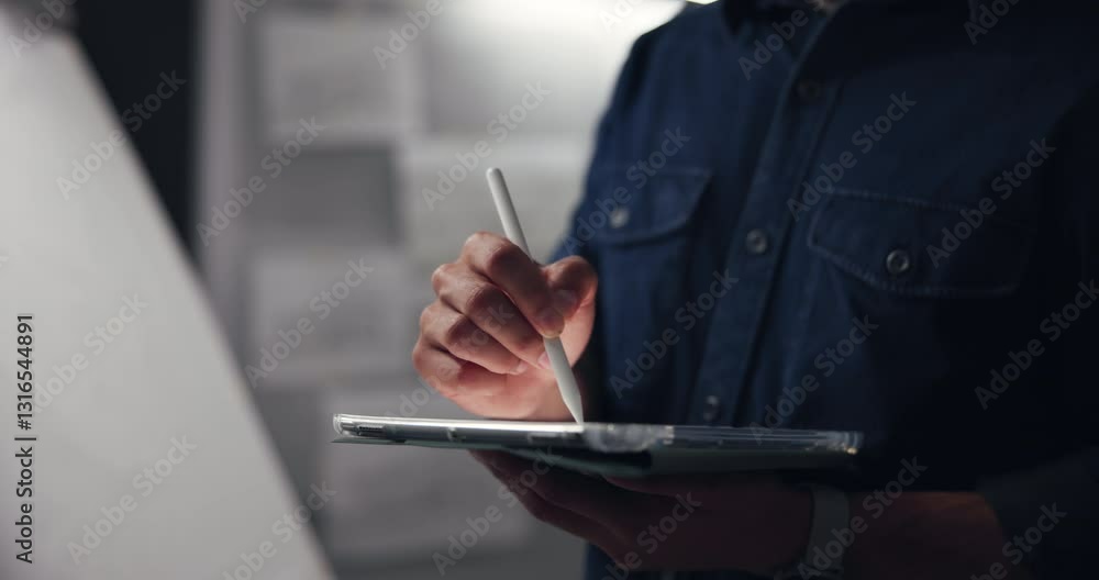 Aufkleber Tablet, pen and hands of man drawing in studio at night for branding prototype project. Creative, artist and male graphic designer with digital technology for animation development with sketching.
