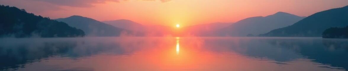 Obraz premium Softly glowing sunset on a misty lake with gentle ripples, landscape, gradient