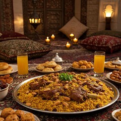 A luxurious Iftar table in an Arabian setting, featuring a grand platter of lamb mandi rice, garnished with toasted almonds, raisins, and fresh herbs. Soft ambient golden lighting enhances the richnes