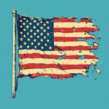 A tattered American flag with pole against a blue background