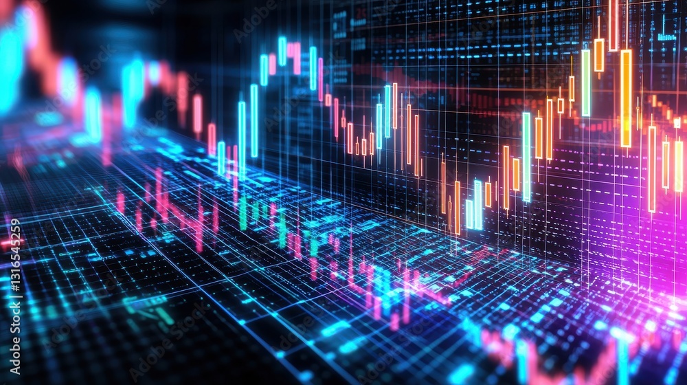Poster a vibrant digital representation of fluctuating data, showcasing colorful graphs and charts on a dar