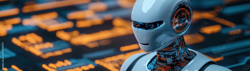 Poster a futuristic robot with intricate circuitry, set against a backdrop of glowing technological element