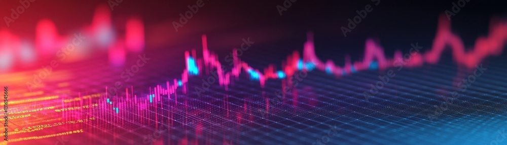 Poster a vibrant graph depicting fluctuating data trends, showcasing peaks and valleys in a digital format 
