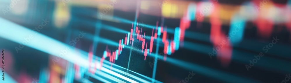 Poster a close-up view of a stock market graph with vibrant colors illustrating fluctuating trends and data