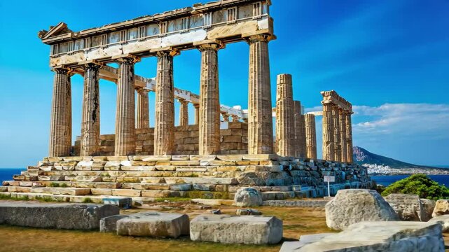 Exploring the ancient Temple of Poseidon at Cape Sounion in Greece during a clear sunny day, Ancient Greek Temple of Poseidon on cape Sounion travel destination and landmark
