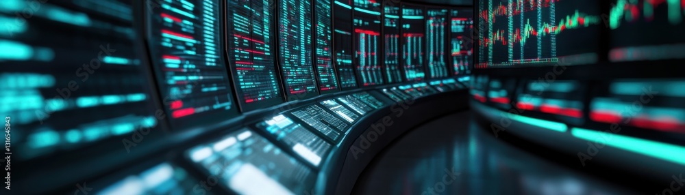 Poster a futuristic trading room with glowing screens displaying financial data and charts, emphasizing the