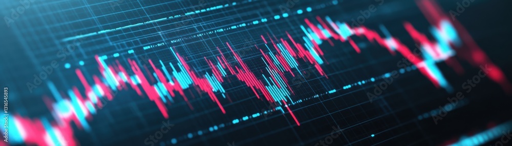 Poster a digital representation of data trends featuring colorful waveform patterns, likely illustrating fl