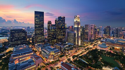 Naklejka premium Bright city lights illuminate the skyline as the sun sets, highlighting towering buildings and active streets in a vibrant urban landscape by twilight.