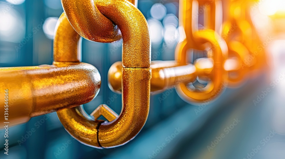 Poster close-up view of bright yellow metal chain links with soft focus on background in industrial setting
