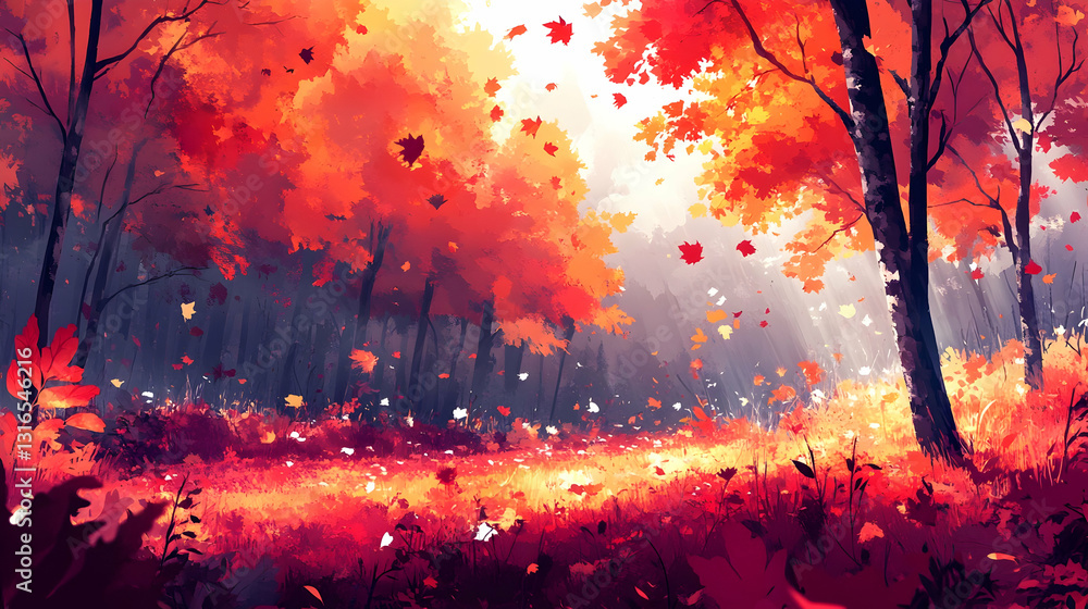 Poster vibrant autumn forest scene with falling leaves, sunlight filtering through trees, creating a magica