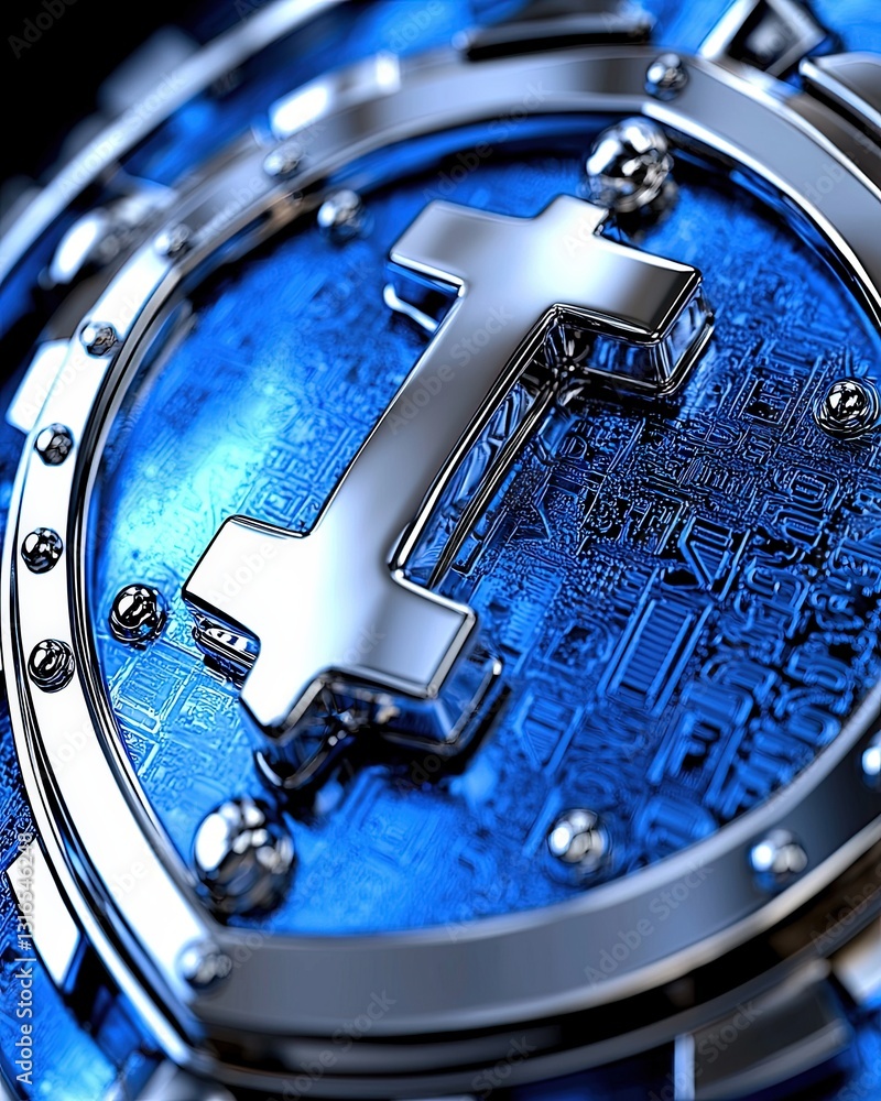 Poster close-up of a futuristic metallic watch dial with intricate blue circuit patterns and shiny silver e