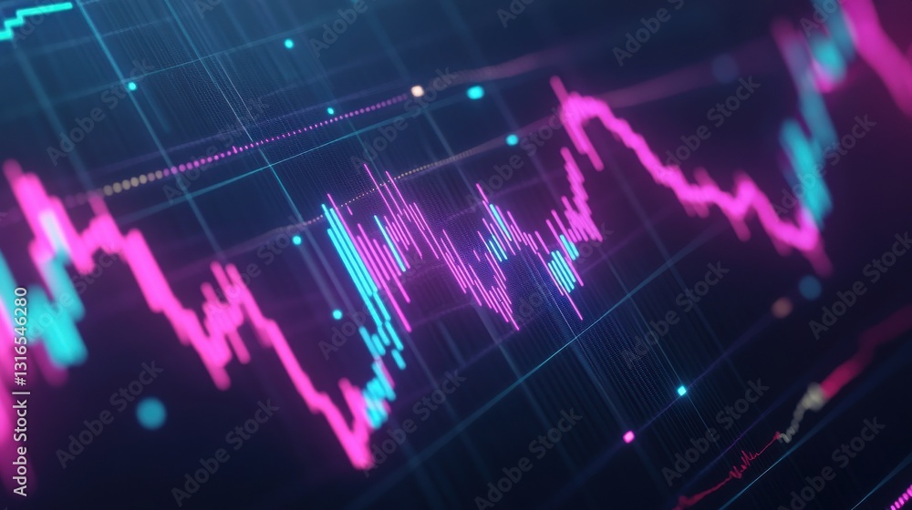 Poster a vibrant digital representation of a fluctuating data graph, featuring pink and blue lines over a d