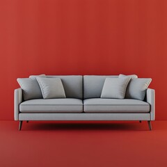 Fototapeta premium Light gray sofa against a deep red wall