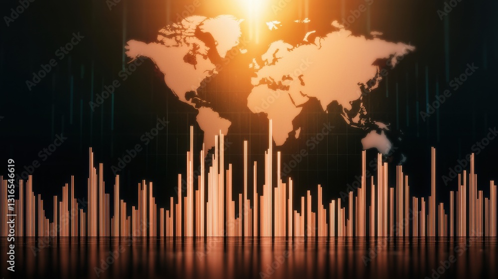 Poster a digital representation of a world map with rising bars suggesting data growth, set against a warm 