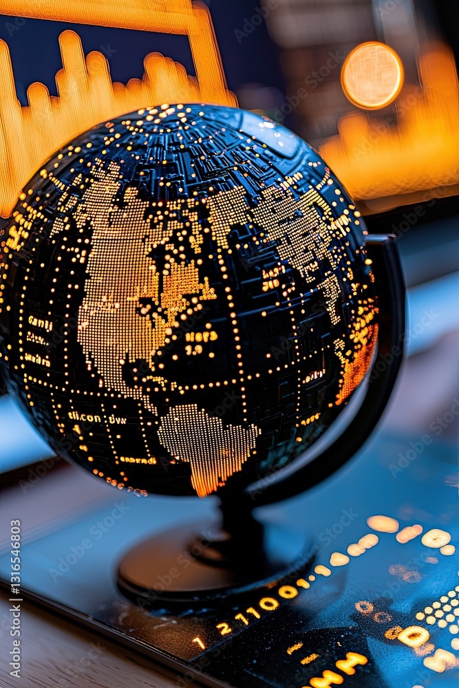 Aufkleber illuminated globe with data patterns showcasing world map details, symbolizing global technology, co