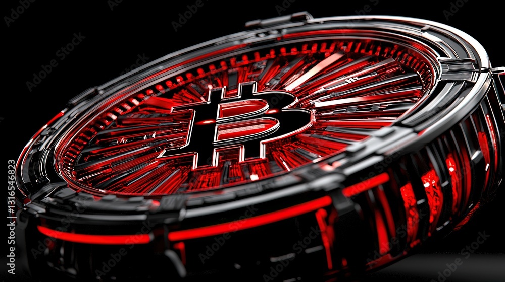 Poster futuristic 3d rendering of bitcoin symbol in a red and black circular design with bright light effec