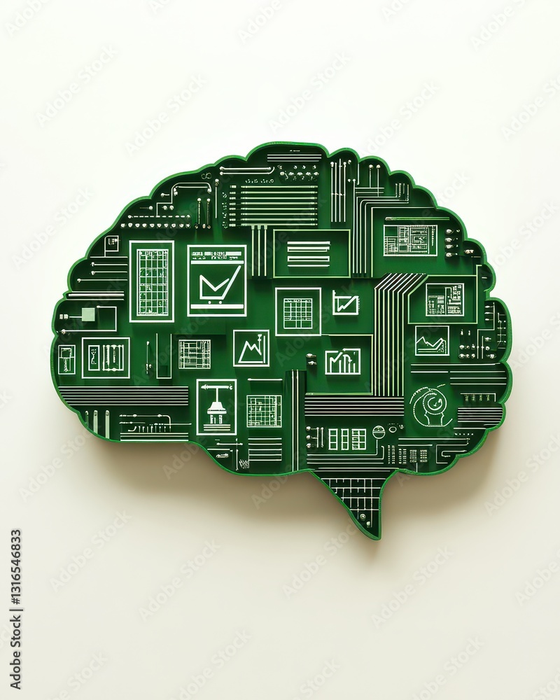 Aufkleber green brain-shaped design with technology icons representing data analysis and innovation