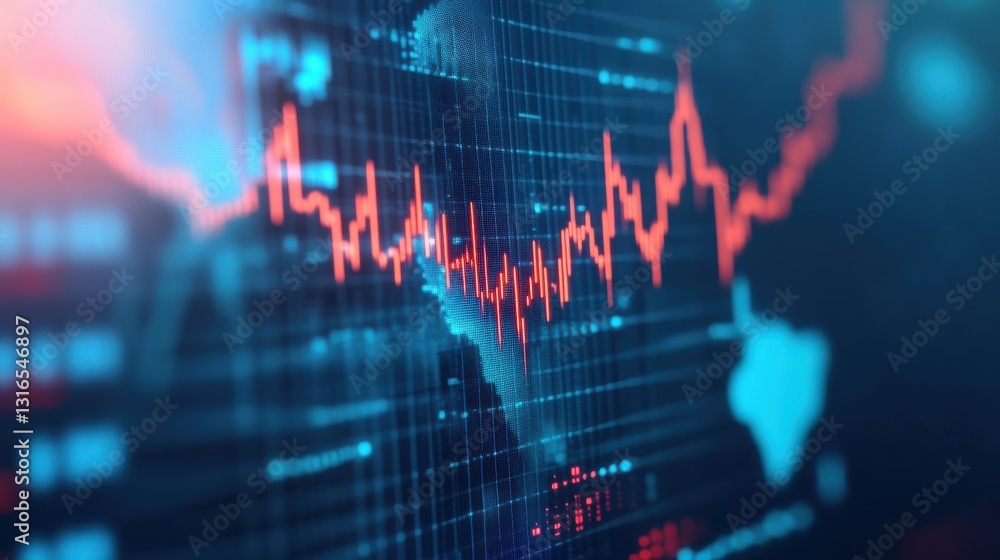 Poster a dynamic financial graph showing fluctuating data with red and blue tones, representing market tren