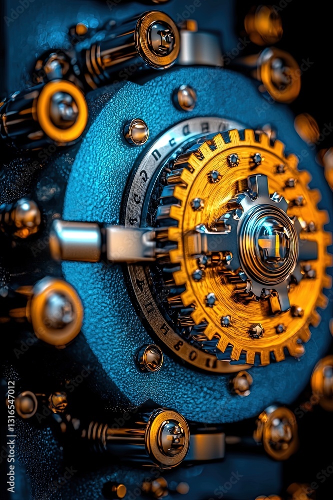 Poster close-up of intricate industrial safe lock mechanism with gear and dial features in a detailed high-