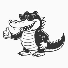 Obraz premium Black silhouette Cute Crocodile or alligator giving thumbs up and winking Sketch vintage vector illustration