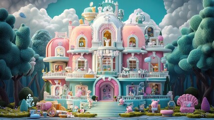 A colorful whimsical house stands surrounded by fanciful landscapes and clouds