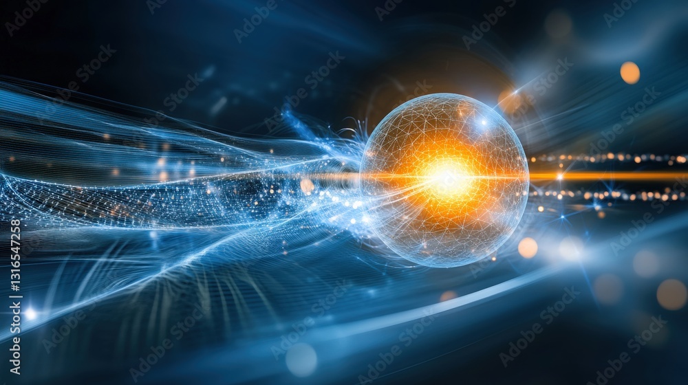 Poster dynamic energy sphere propelling through digital space abstract art sci-fi environment high-tech vis