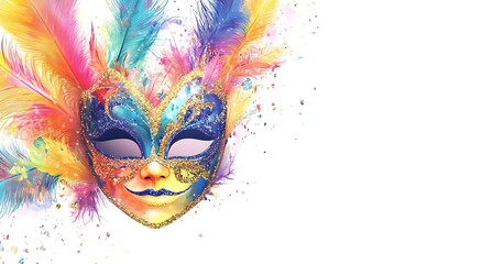 Colorful Venetian Carnival Mask with Feathers, Glitter, and Confetti