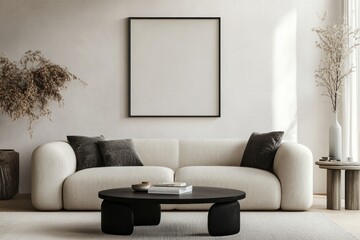 Minimalist living room with beige sofa, coffee table, and blank frame.