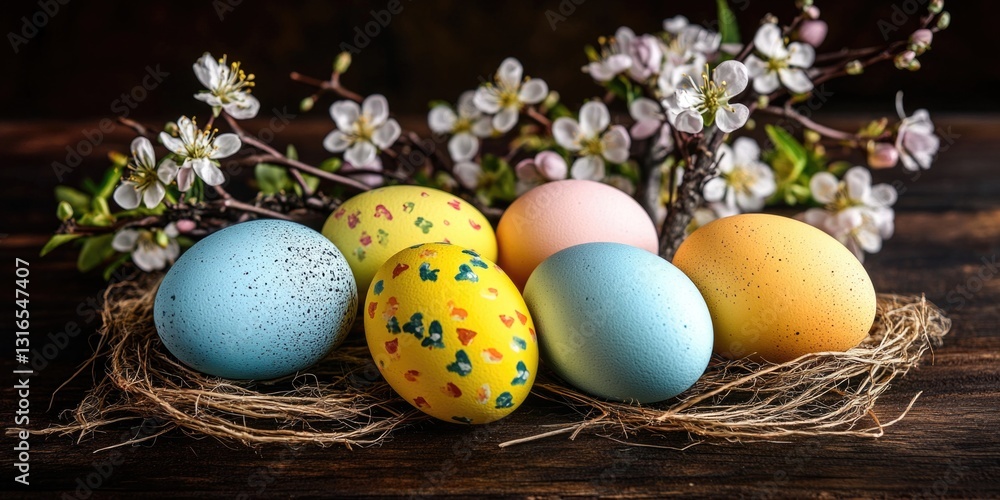Poster a bunch of easter eggs are sitting on a wooden table with a bunch of flowers. the eggs are of differ