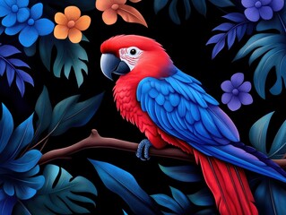 Fototapeta premium Vibrant parrot perched on a branch surrounded by colorful tropical flowers