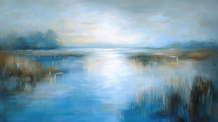 Fototapeta premium Serene lakeside landscape painting with tranquil water, reeds, and soft light.