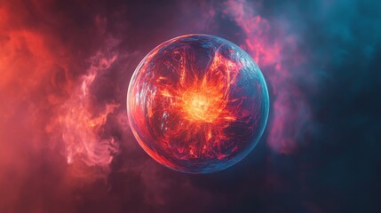 Transparent Glowing Sphere Floating Over a Textured Rocky Surface Against a Vibrant Pink, Purple, and Blue Sky with Intricate Energy Patterns Creating a Dreamlike Atmosphere.