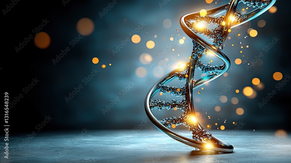 Poster 3d illustration of a spiraling dna double helix against an abstract background highlighted with glow