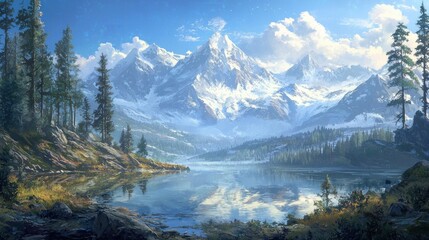 Majestic snow-capped mountains reflected in a serene lake, surrounded by lush evergreens under a vibrant blue sky.