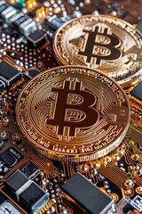 Fototapeta premium Close-Up of Bitcoin Coins on a Circuit Board, Digital Currency Concept, Cryptocurrency Investment Technology Background