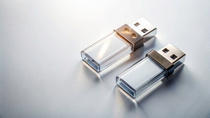 Modern Double Exposure Photography of USB Drives in Dutch Angle Tilt for Futuristic Designs on White Background