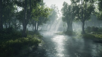 Naklejka premium Sunbeams illuminate a misty forest stream.